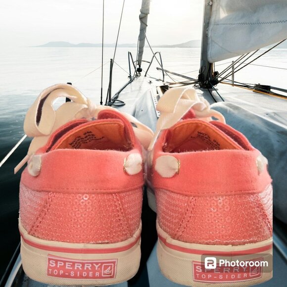 Women's Sperry Top Siders Coral Clear Sequins Size 9M 2 Eye Tie Preowned - Picture 4 of 9